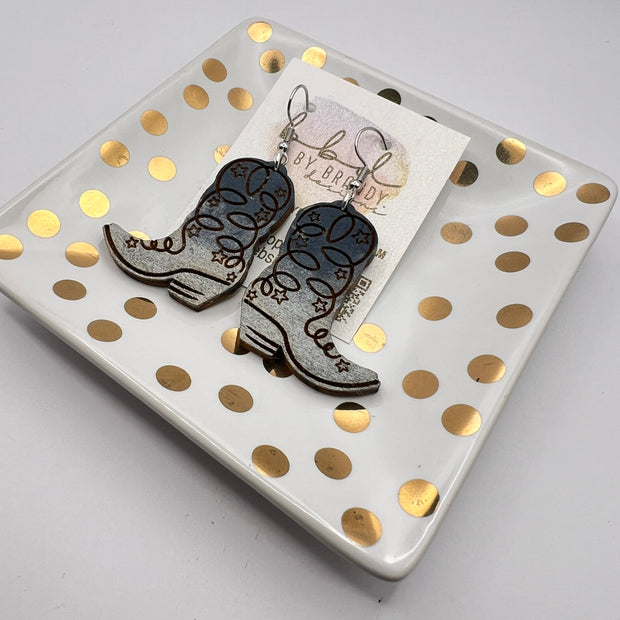 HAND-PAINTED WOODEN BOOTS (SMALL) ||  <br> Hand-painted earrings by Brandy Bell <br> NAVY & SILVER BOOTS