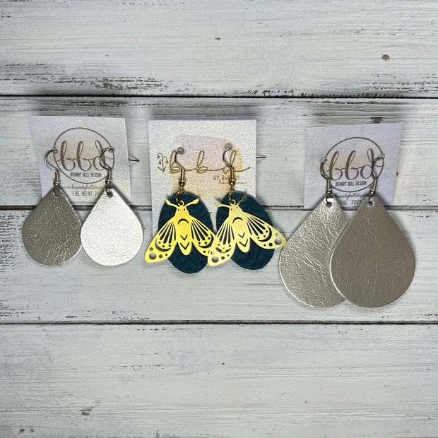SUEDE + STEEL *Limited Edition* || Leather Earrings || BRASS BEE/BUTTERFLY/MOTH ACCENT || <BR> MATTE WHITE