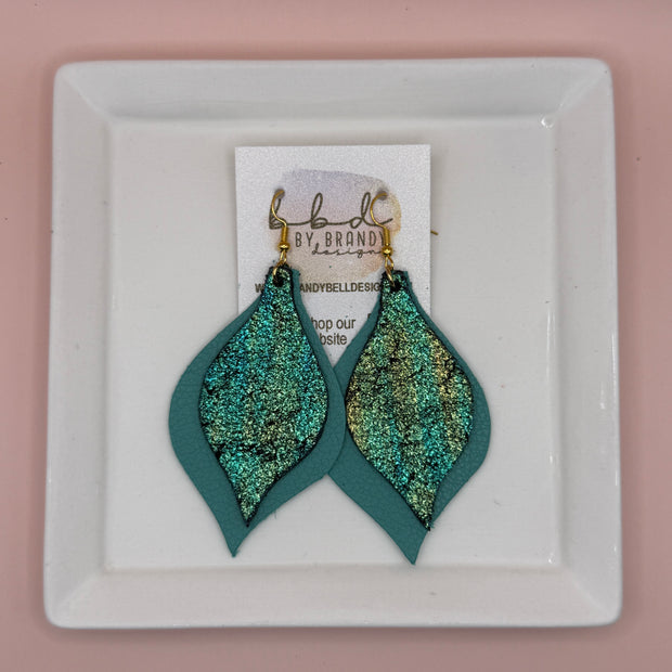 EVE -  Leather Earrings  ||  <BR> SHIMMER GOLD/GREEN, <BR> MATTE AQUA/GREEN