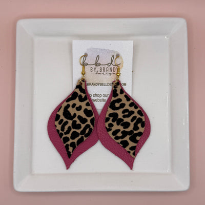 EVE -  Leather Earrings  ||  <BR> FELTED BLACK & TAN ANIMAL PRINT (RAISED TEXTURE), <BR> MATTE PINK