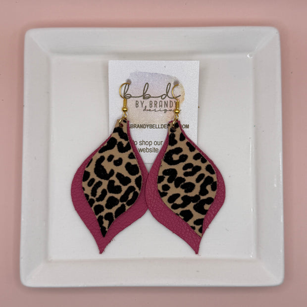 EVE -  Leather Earrings  ||  <BR> FELTED BLACK & TAN ANIMAL PRINT (RAISED TEXTURE), <BR> MATTE PINK