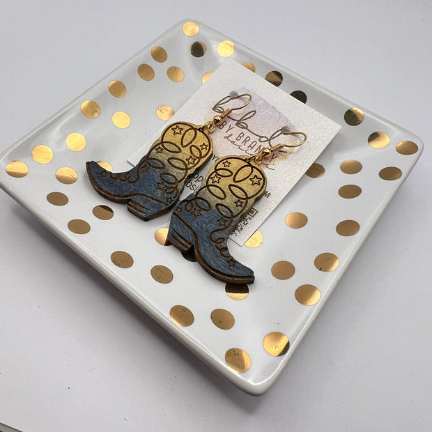 HAND-PAINTED WOODEN BOOTS (SMALL) ||  <br> Hand-painted earrings by Brandy Bell <br> GOLD & NAVY BOOTS