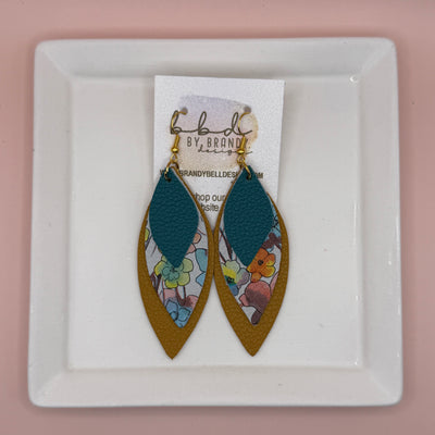 DOROTHY -  Leather Earrings  || <BR> MATTE DARK TEAL,  <BR> ORANGE WATERCOLOR FLORAL, <BR> MATTE MUSTARD