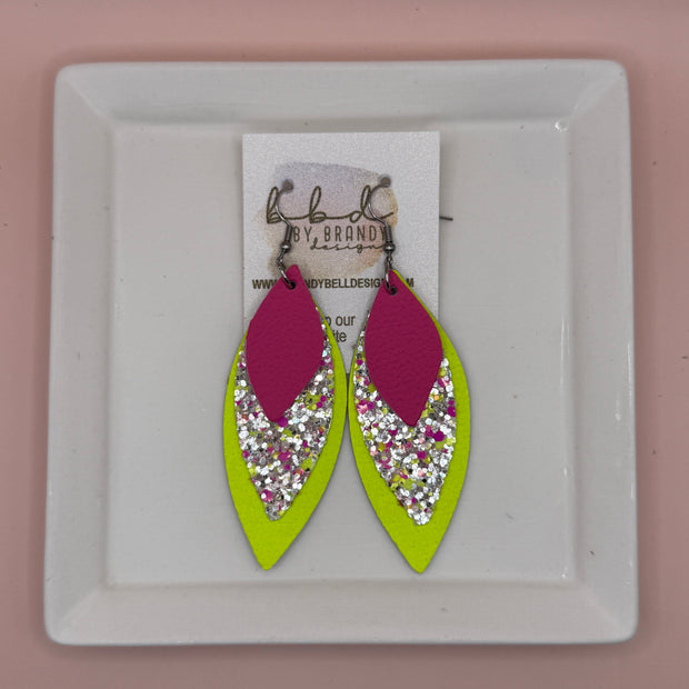 DOROTHY -  Leather Earrings  || <BR> MATTE NEON PINK,  <BR> NEON PINK & YELLOW GLITTER (FAUX LEATHER), <BR> MATTE NEON YELLOW