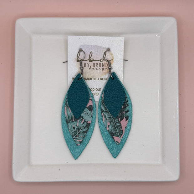 DOROTHY -  Leather Earrings  || <BR> MATTE DARK TEAL,  <BR> PINK PALMS, <BR> PEARLIZED AQUA