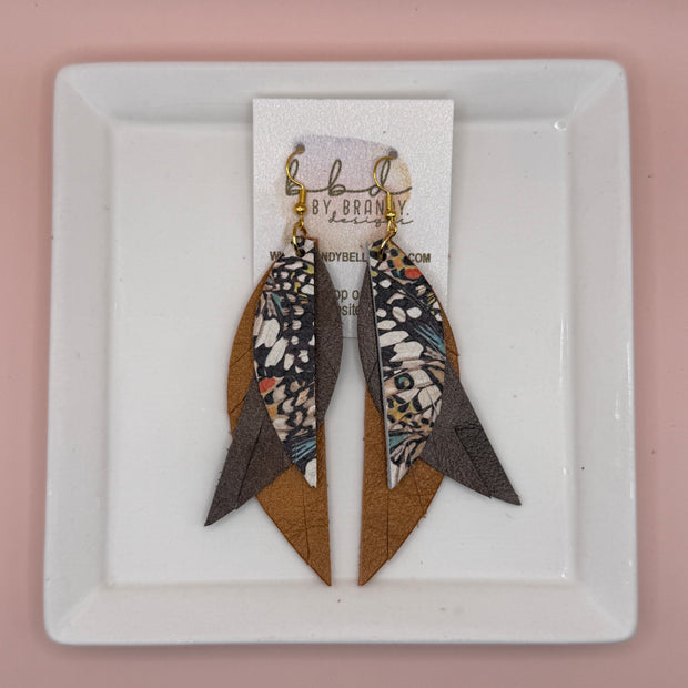 ANDY -  Leather Earrings  || <BR> BUTTERFLY WINGS,  <BR> PEARLIZED BROWN, <BR> PEARLIZED TOPAZ