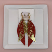ANDY -  Leather Earrings  || <BR> RED WITH METALLIC GOLD PYTHON, <BR> METALLIC GOLD,  <BR> RED PANAMA WEAVE
