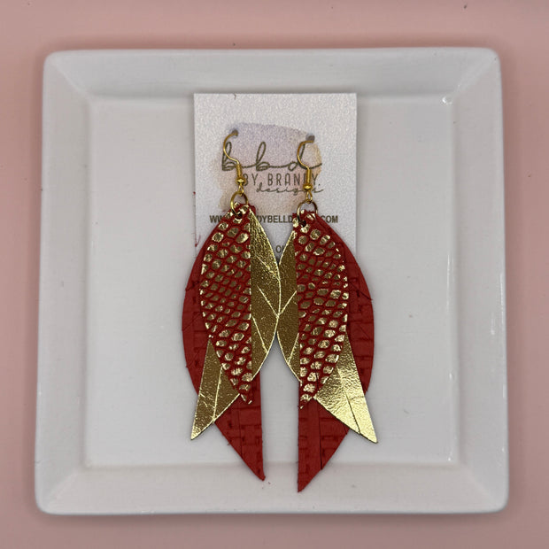 ANDY -  Leather Earrings  || <BR> RED WITH METALLIC GOLD PYTHON, <BR> METALLIC GOLD,  <BR> RED PANAMA WEAVE