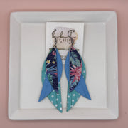 ANDY -  Leather Earrings  || <BR> TROPICAL FLORAL ON NAVY,  <BR> MATTE CAROLINA BLUE, <BR> AQUA & WHITE POLKA DOTS