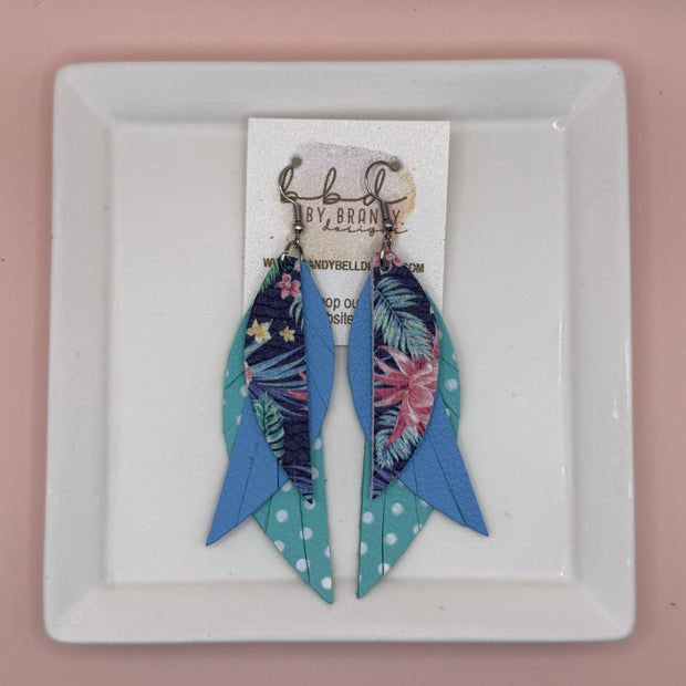 ANDY -  Leather Earrings  || <BR> TROPICAL FLORAL ON NAVY,  <BR> MATTE CAROLINA BLUE, <BR> AQUA & WHITE POLKA DOTS