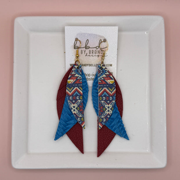ANDY -  Leather Earrings  || <BR> AZTEC DREAM,  <BR> BLUE BRAID, <BR> MATTE DARK RED