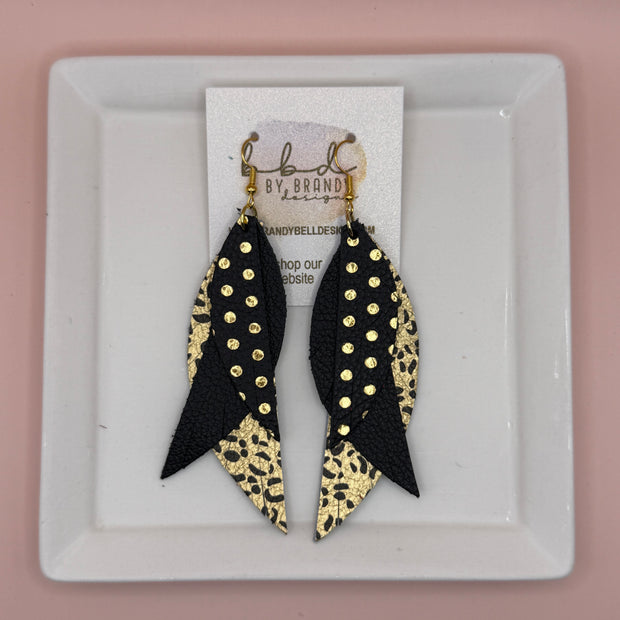 ANDY -  Leather Earrings  || <BR> BLACK & GOLD POLKA DOTS,  <BR> MATTE BLACK, <BR> METALLIC GOLD WITH BLACK CHEETAH