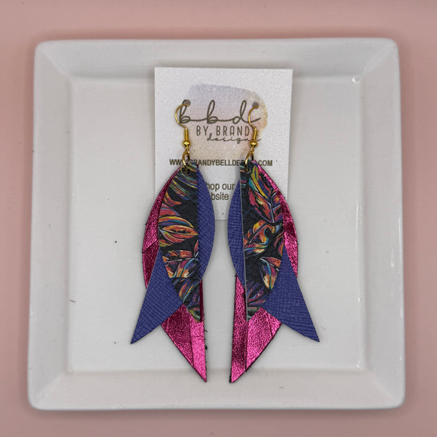 ANDY -  Leather Earrings  || <BR> MULTICOLOR PALMS ON BLACK,  <BR> PERIWINKLE SAFFIANO, <BR> METALLIC PINK SMOOTH