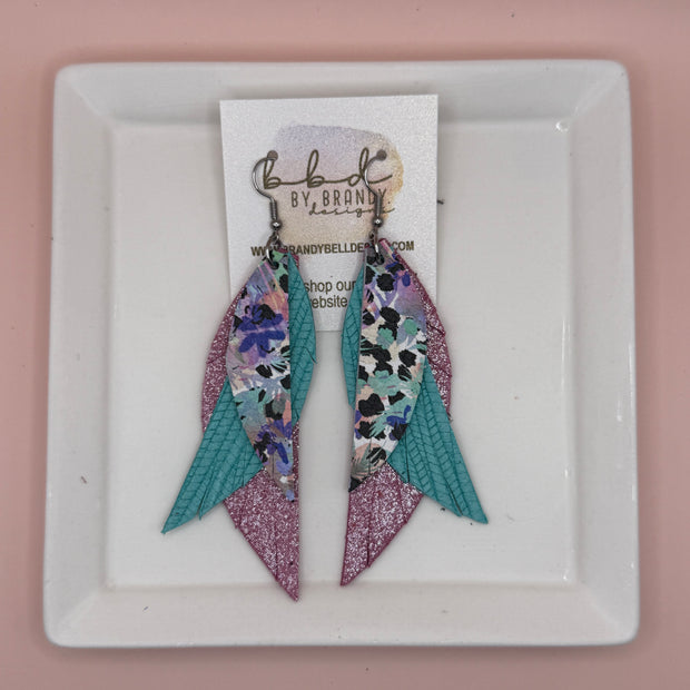 ANDY -  Leather Earrings  || <BR> PURPLE FLORAL CHEETAH,  <BR> AQUA PALMS, <BR> SHIMMER BUBBLEGUM PINK