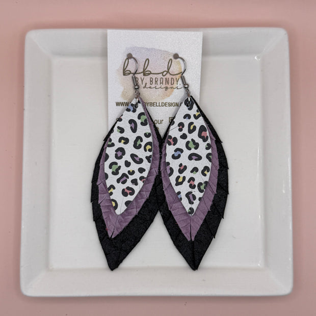 INDIA -  Leather Earrings  ||  <BR> PASTEL CHEETAH, <BR> LILAC BRAID, SHIMMER BLACK