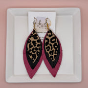 INDIA -  Leather Earrings  ||  <BR> FELTED BLACK & TAN ANIMAL PRINT (RAISED TEXTURE), <BR> SHIMMER BLACK, <BR> MATTE PINK