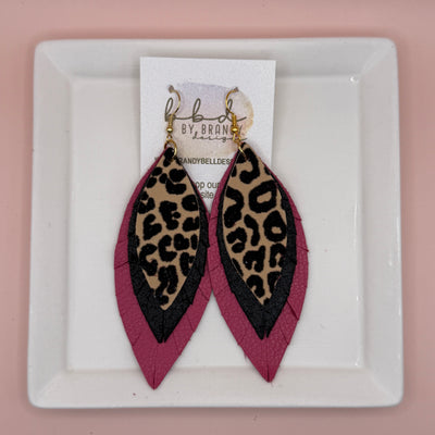 INDIA -  Leather Earrings  ||  <BR> FELTED BLACK & TAN ANIMAL PRINT (RAISED TEXTURE), <BR> SHIMMER BLACK, <BR> MATTE PINK