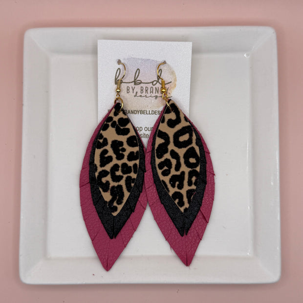 INDIA -  Leather Earrings  ||  <BR> FELTED BLACK & TAN ANIMAL PRINT (RAISED TEXTURE), <BR> SHIMMER BLACK, <BR> MATTE PINK