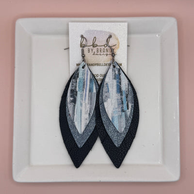 INDIA -  Leather Earrings  ||  <BR> BLUE SURF PAINT STROKES, <BR> SHIMMER NAVY, <BR> MATTE NAVY BLUE