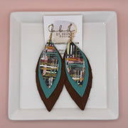 INDIA -  Leather Earrings  ||  <BR> FALL ABSTRACT BRUSHSTROKES, <BR> MATTE AQUA/GREEN, <BR> DISTRESSED BROWN