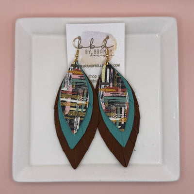 INDIA -  Leather Earrings  ||  <BR> FALL ABSTRACT BRUSHSTROKES, <BR> MATTE AQUA/GREEN, <BR> DISTRESSED BROWN