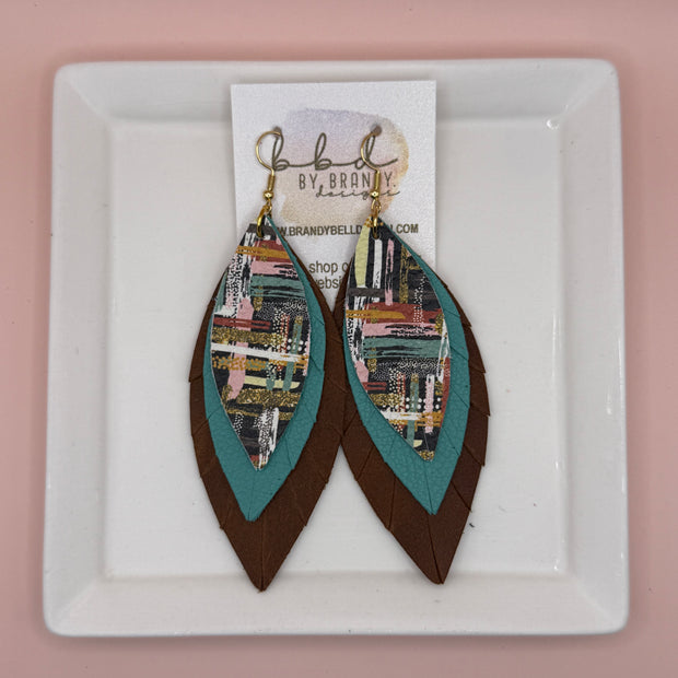 INDIA -  Leather Earrings  ||  <BR> FALL ABSTRACT BRUSHSTROKES, <BR> MATTE AQUA/GREEN, <BR> DISTRESSED BROWN