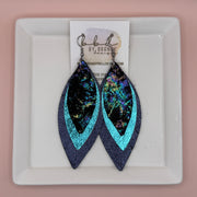 INDIA -  Leather Earrings  ||  <BR> IRIDESCENT NORTHERN LIGHTS, <BR> METALLIC AQUA, <BR> METALLIC NAVY PEBBLED