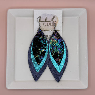 INDIA -  Leather Earrings  ||  <BR> IRIDESCENT NORTHERN LIGHTS, <BR> METALLIC AQUA, <BR> METALLIC NAVY PEBBLED