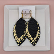 GINGER -  Leather Earrings  || <BR> BLACK PALMS, <BR> METALLIC GOLD WITH BLACK CHEETAH, <BR> BLACK & GOLD POLKA DOTS