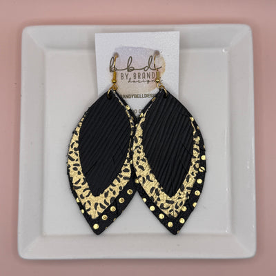 GINGER -  Leather Earrings  || <BR> BLACK PALMS, <BR> METALLIC GOLD WITH BLACK CHEETAH, <BR> BLACK & GOLD POLKA DOTS