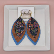 GINGER -  Leather Earrings  || <BR> MULTICOLOR PALMS ON BLACK, <BR> PEACH PALMS, <BR> MATTE CAROLINA BLUE