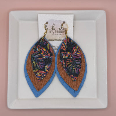 GINGER -  Leather Earrings  || <BR> MULTICOLOR PALMS ON BLACK, <BR> PEACH PALMS, <BR> MATTE CAROLINA BLUE