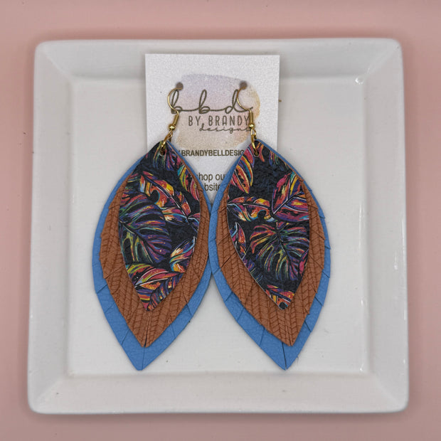 GINGER -  Leather Earrings  || <BR> MULTICOLOR PALMS ON BLACK, <BR> PEACH PALMS, <BR> MATTE CAROLINA BLUE