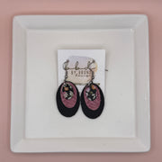 DIANE -  Leather Earrings  ||  <BR> TINY PINK FLORAL ON BLACK, <BR> PINK BRAID, <BR> SHIMMER BLACK