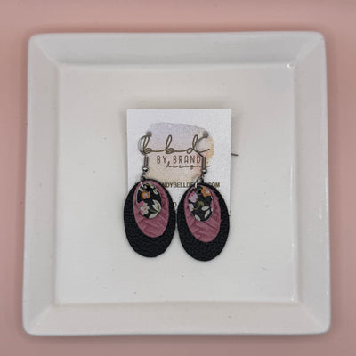 DIANE -  Leather Earrings  ||  <BR> TINY PINK FLORAL ON BLACK, <BR> PINK BRAID, <BR> SHIMMER BLACK