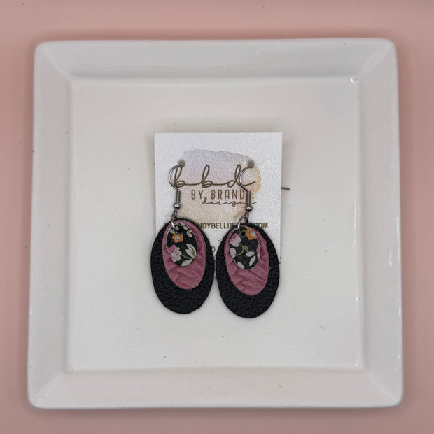 DIANE -  Leather Earrings  ||  <BR> TINY PINK FLORAL ON BLACK, <BR> PINK BRAID, <BR> SHIMMER BLACK