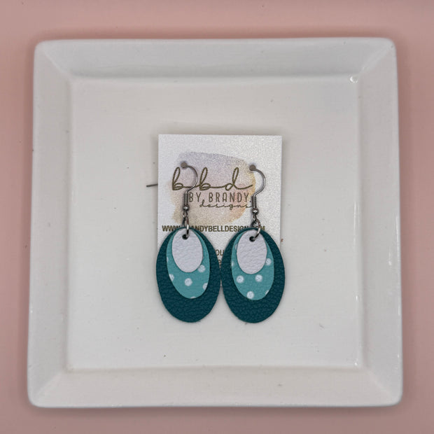 DIANE -  Leather Earrings  || <BR> MATTE WHITE, <BR> AQUA & WHITE POLKA DOTS, <BR> MATTE DARK TEAL