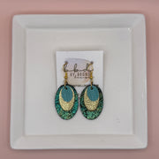 DIANE -  Leather Earrings  || <BR> AQUA PALMS, <BR> METALLIC GOLD PEBBLED, <BR> SHIMMER GREEN/GOLD