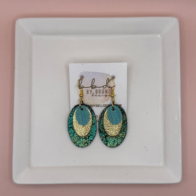 DIANE -  Leather Earrings  || <BR> AQUA PALMS, <BR> METALLIC GOLD PEBBLED, <BR> SHIMMER GREEN/GOLD