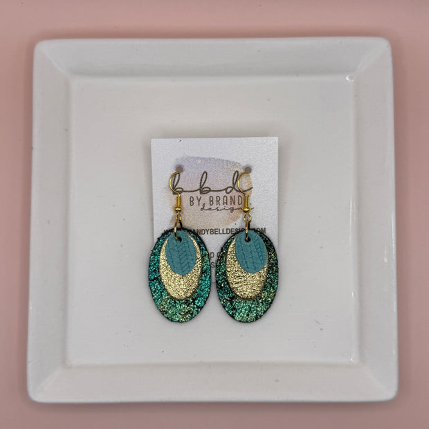 DIANE -  Leather Earrings  || <BR> AQUA PALMS, <BR> METALLIC GOLD PEBBLED, <BR> SHIMMER GREEN/GOLD