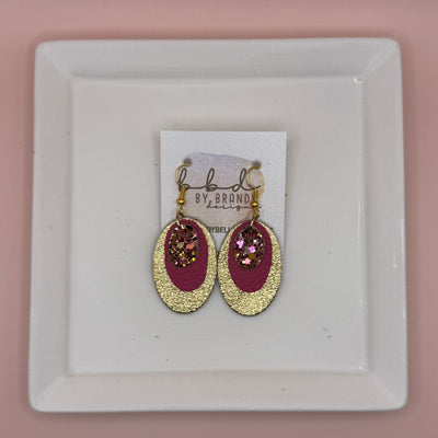DIANE -  Leather Earrings  || <BR> PINK & GOLD GLITTER (FAUX LEATHER), <BR>MATTE PINK, <BR> METALLIC GOLD PEBBLED