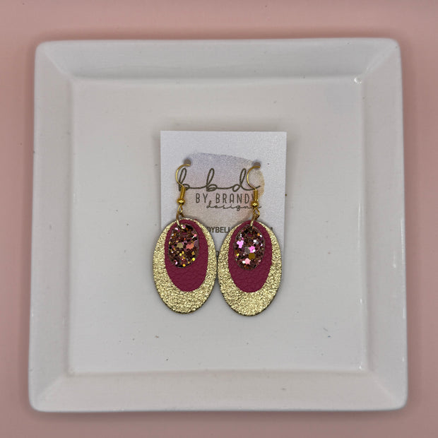 DIANE -  Leather Earrings  || <BR> PINK & GOLD GLITTER (FAUX LEATHER), <BR>MATTE PINK, <BR> METALLIC GOLD PEBBLED