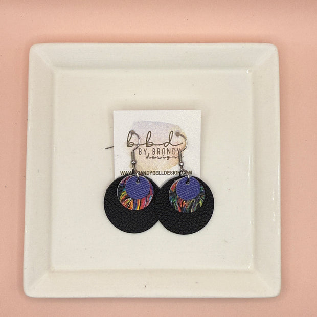 GRAY -  Leather Earrings  ||  <BR> PERIWINKLE SAFFIANO, <BR> MULTICOLOR PALMS ON BLACK, <BR> MATTE BLACK