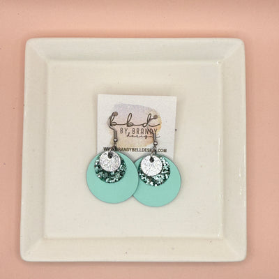 GRAY -  Leather Earrings  ||  <BR> METALLIC SILVER SMOOTH, <BR> SEAFOAM GLITTER (FAUX LEATHER), <BR> MATTE AQUA SMOOTH