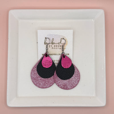 LINDSEY -  Leather Earrings  ||  <BR> METALLIC PINK SMOOTH, <BR> MATTE BLACK, <BR> SHIMMER BUBBLEGUM PINK
