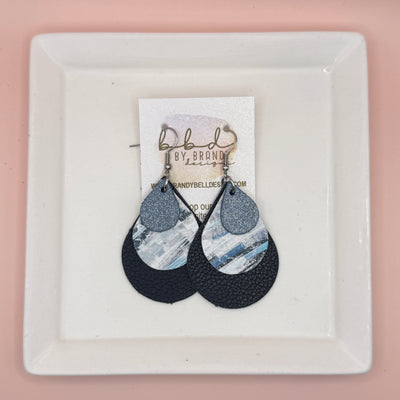 LINDSEY -  Leather Earrings  ||  <BR> SHIMMER NAVY, <BR> BLUE SURF PAINT STROKES, <BR> MATTE NAVY BLUE