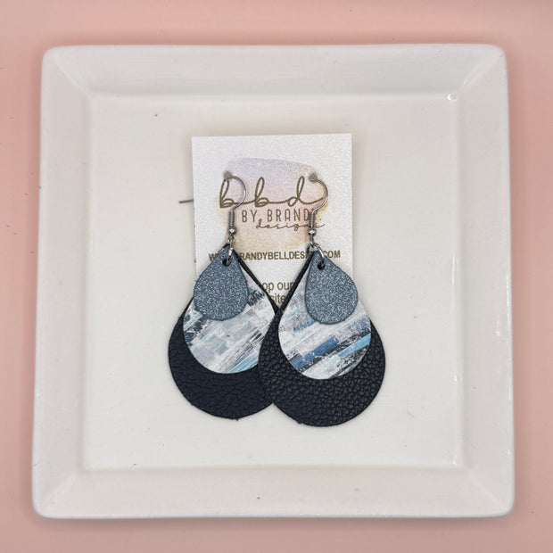 LINDSEY -  Leather Earrings  ||  <BR> SHIMMER NAVY, <BR> BLUE SURF PAINT STROKES, <BR> MATTE NAVY BLUE