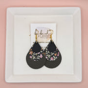 LINDSEY -  Leather Earrings  ||  <BR> MATTE BLACK, <BR> TINY PINK FLORAL ON BLACK, <BR>MATTE OLIVE GREEN