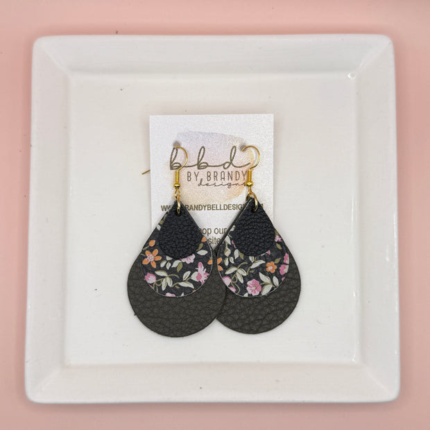 LINDSEY -  Leather Earrings  ||  <BR> MATTE BLACK, <BR> TINY PINK FLORAL ON BLACK, <BR>MATTE OLIVE GREEN