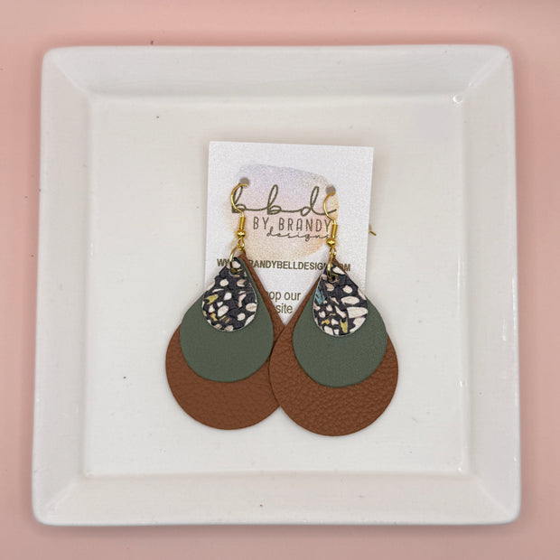 LINDSEY -  Leather Earrings  ||  <BR> BUTTERFLY WINGS, <BR> MATTE AVOCADO GREEN SMOOTH, <BR>MATTE CAMEL BROWN